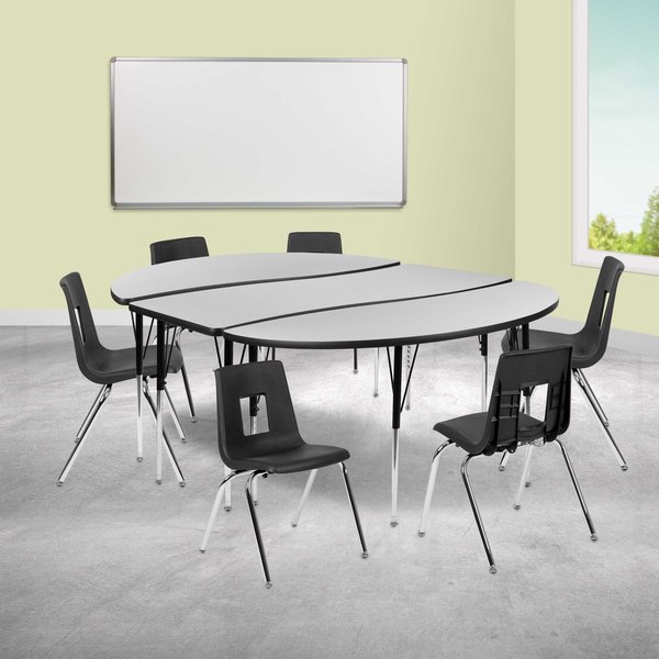 Flash Furniture 86" Oval Wave Grey Table Set-18" Stack Chairs XU-GRP-18CH-A3060CON-60-GY-T-A-GG